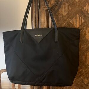 NWT Furla  nylon and leather tote bag black; zippered pocket inside